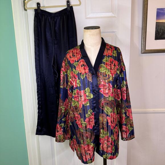Vintage Victoria’s Secret Gold Label Satin Pajama Set Blue Roses Paisley Sz Med